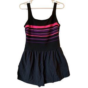 Vintage 80s 90s Gabar Womens Swimsuit Shorts 14 M L Black Purple Stripe Romper